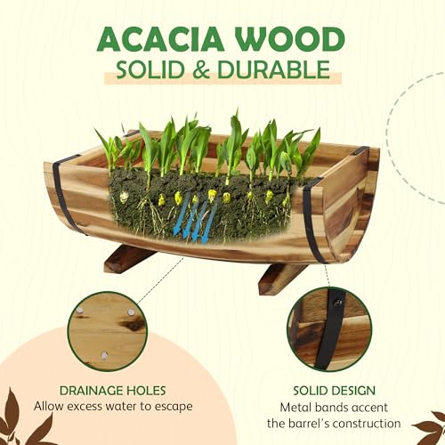 Solid Acacia Wood Half Barrel Planters Outdoor Set of 2 Different Sizes (2 Count)