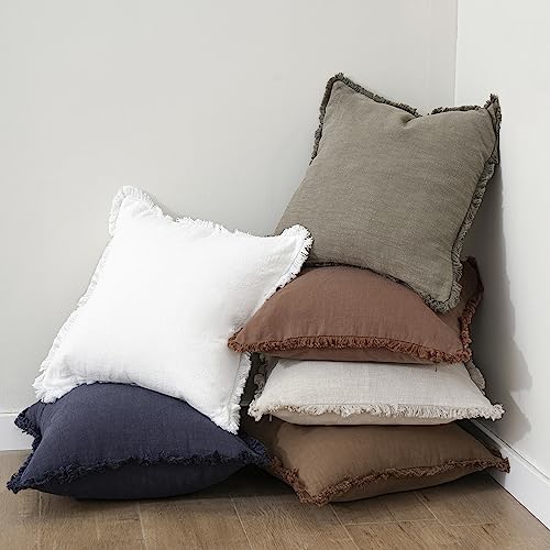 Decorative Linen Fringe Throw Pillow Covers 20×20 Inch (2 Count)