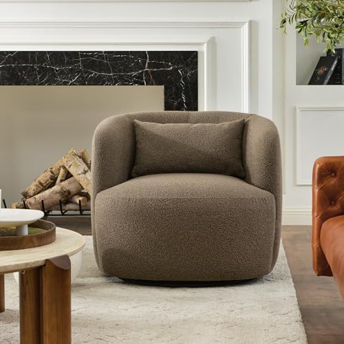 34" W Boucle Swivel Barrel Chair with Toss Pillow