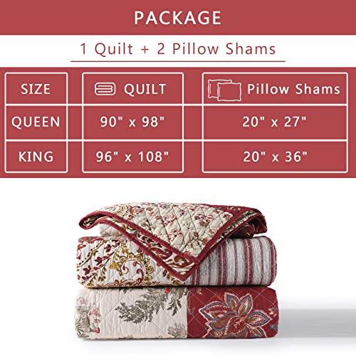 King Quilt Set Quilted Bedspread Country Farmhouse Cottage Vintage Ditsy Floral Paisley Style Reversible Lightweight Coverlet Set Real Patchwork Quilt for All Seasons