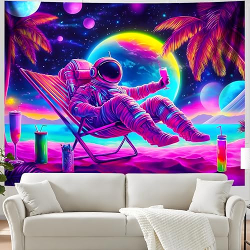 Blacklight Space Astronaut Tapestry UV Reactive Galaxy Planet Glow in Dark Tapestries Black Light Poster Neon Wall Hanging Art for bedroom Living Room