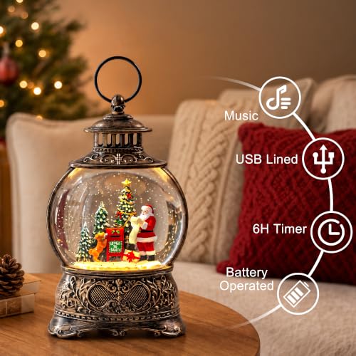 Christmas Snow Globes Christmas Water Lantern with Vintage Santa & Letters to Santa Mailbox Scene Music & 6H Timer USB Lined