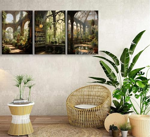 3pcs Framed William Morris Green Plants Canvas Wall Art Medieval Castle Posters Prints Gothictalian Landscape Painting Pictures Paintings Wall Decor for Living Room Bathroom Bedroom Decoration (3 Count)