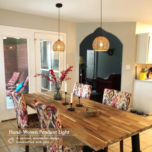 2 Pack Wicker Pendant Light Natural Woven Pendant Light Boho Chandelier Light Fixture Dome Rustic Farmhouse Pendant Lights Rattan Light Fixture for Kitchen Island Dining Room
