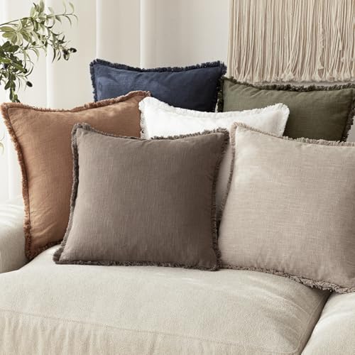 Decorative Linen Fringe Throw Pillow Covers 18×18 Light Coffee (2 Count)