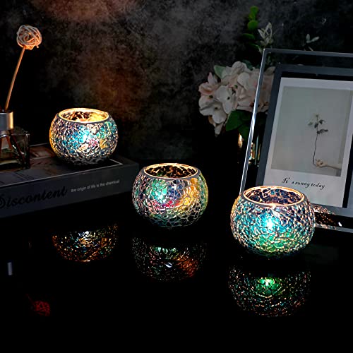 3PCS Mosaic Glass Tea Light Holders Round Bowl Votive Candle Holders