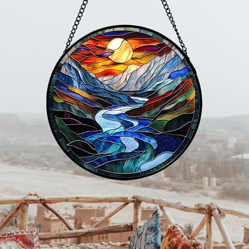 Stained Glass Window Hanging River Scenery Suncatcher Gifts for Women 6.3"