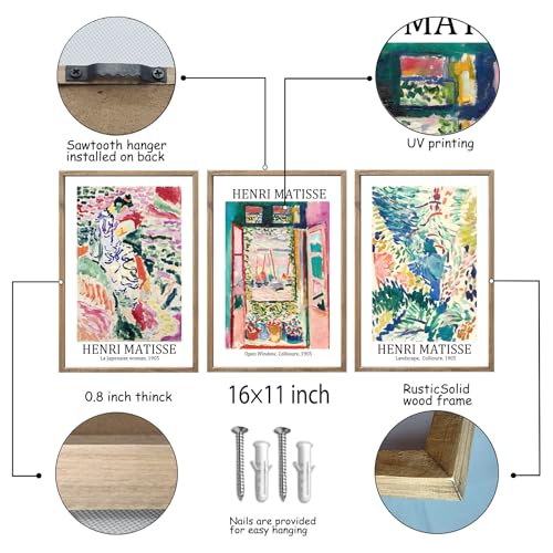 Henri Matisse Wall Art Decor Set of 3 16x11 Inch Wood Framed (3 Count)