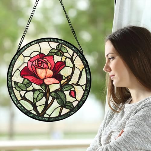 Stained Glass Window Hanging Red Rose Suncatcher Gifts for Women 15"