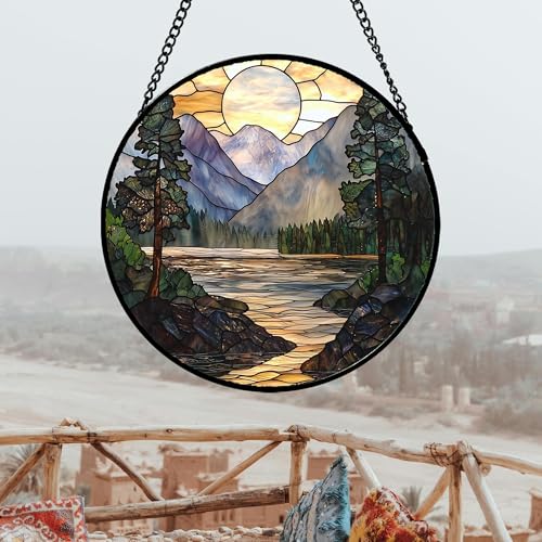 Mountain Lake Stained Glass Window Hanging Suncatcher Gifts for Women 12"