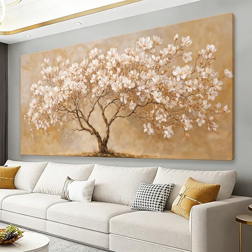 Canvas Wall Art Decor Beige Magnolia Tree of Life Canvas Art Wall Decor For Living Room Modern Tree Nature Botanical Canvas Prints White Flower Wall Art Decor For Bedroom Home Office Decor 20"×40"