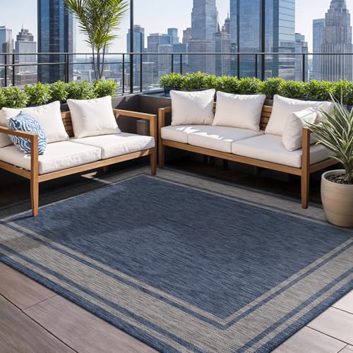 Large Outdoor Rug 9x12 Modern Bordered Area Rugs for Indoor and Outdoor Patio Deck Porch Garden Waterproof Weather Sun Resistant Washable Outside Carpet (108 Sq Ft)