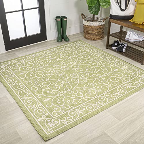 Vintage Filigree Indoor Outdoor Square Area Rug 5X5 Green