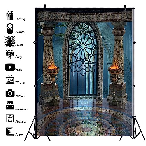 6x8ft Medieval Castle Backdrop for Photoshoot Portrait Pillar Torch Gothic Stone Tower Ancient Old Fortress Interior Photography Background Halloween Party Decor Wallpaper Photo Studio Props