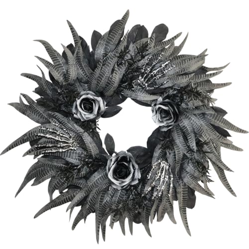 24 Inch Black and Silver Rose Halloween Wreath with 3 Skeleton Hands