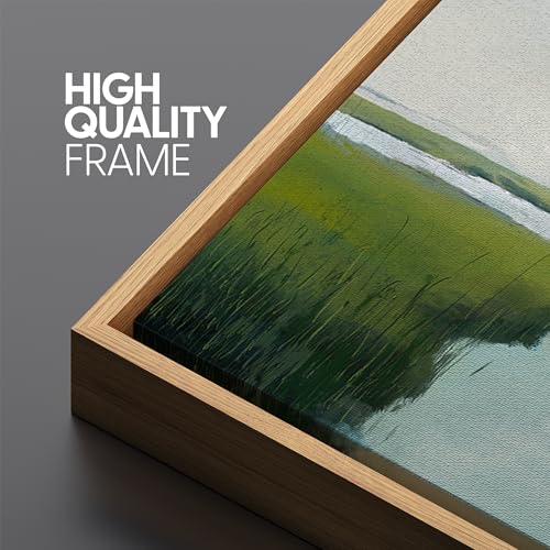 Extra Large Framed Canvas Print Wall Art Serene Marshland Landscape Green and Blue Peaceful Illustrations Antique Retro Fine Art Illustrations Decorative Colorful for Bedroom