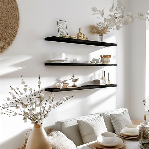 48 Inch Floating Shelves for Wall Rustic Black Wood Wall Shelves for Bedroom Set of 4 (4 Count)