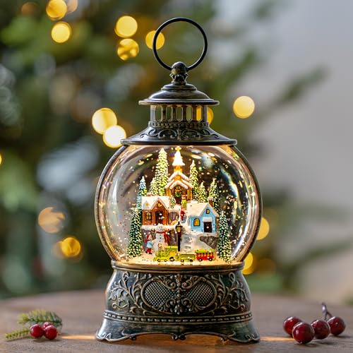 Christmas Snow Globe Water Lantern with Mountain Village and Train Scene Battery Operated or USB Powered Musical Lighted Holiday Decoration for Tabletop Display for Family and Friend