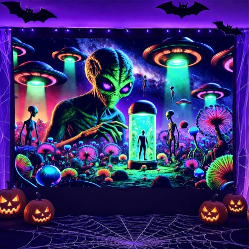 Blacklight Tapestry Alien UFO UV Wall Art 78 x 59 Inch