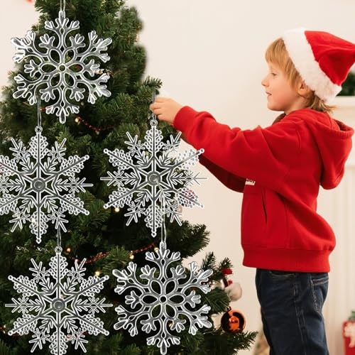 6pcs Large Clear Snowflakes Ornaments 12" Big Plastic Glitter Snowflake for Winter Indoor Outdoor Christmas Tree Window Room Decorations Giant Craft Snowflakes (6 Count)
