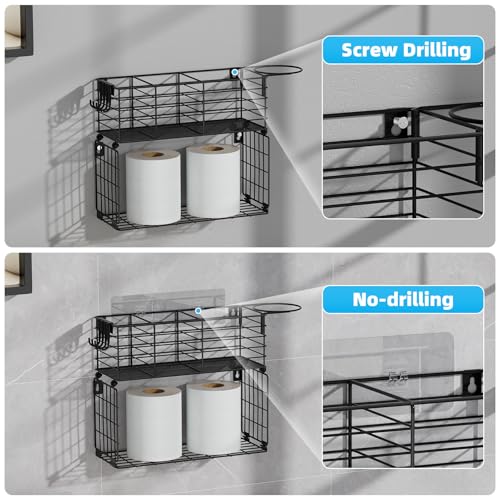 Metal Hair Tool Organizer with Toilet Paper Storage Basket Wall Mount