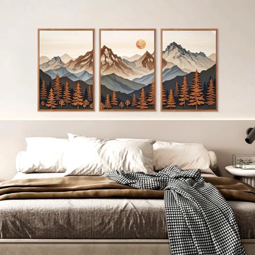 Boho Woodcut Mountain Framed Canvas Wall Art