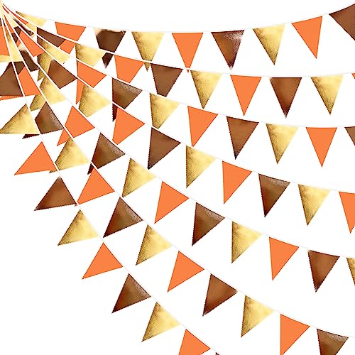 Fall Party Decorations Orange Gold Brown Metallic Fabric Triangle Pennant Banner Flag Bunting Garland for Autumn Fall Thanksgiving Wedding Birthday Bridal Shower Engagement Graduation Party Supplies (36 Count)