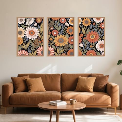 Large Abstract Boho Flower Framed Canvas Wall Art Set