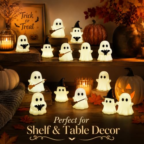 Halloween Shining in The Dark Night Ghost Figurines Cute White Ghost with Black Bat Hat and Broom Tabletop Ornaments Glowing Spooky Decorations for Indoor Home Party Mantel Shelf Desk Decor 12 Pcs