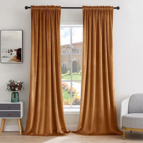 Gold Brown Blackout Velvet Curtains Drapes 90 Inch Long 52"x90" (2 Count)