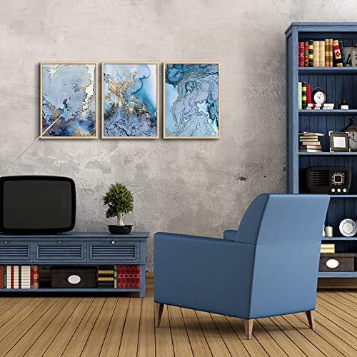 Natural Wood Framed Wall Art For Living Room Large Wall Decoration For Bedroom Office Wall Decor Minimalist blue Abstract Wall Painting Watercolor Wall Pictures Home Decor 3 Piece Framed Art Prints (3 Count)