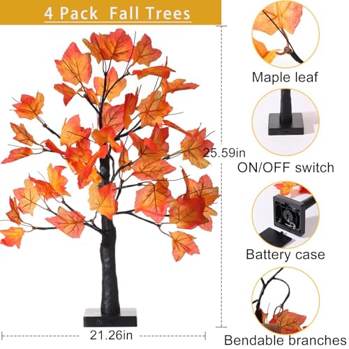 4Pcs 2FT Lighted Maple Tree 96LED Artificial Fall Tree Decor for Thanksgiving Harvest Home Decoration (4 Count)