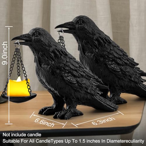 Gothic Crow Lamp with Tealight Candle Holder Resin Raven Decor Statue Gothic Home Decor for Bedroom Unique Goth Gifts Black 2PCS (2 Count)