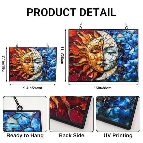 Rectangle Sun and Moon Stained Glass Suncatcher Window Hangings