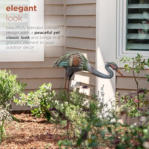 30" Tall Outdoor Rustic Metal Bowing Crane Statue Yard Art Decoration