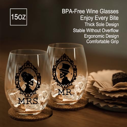 Halloween Wedding Wine Glass Mrs Mr Set of 2 with Gift Box