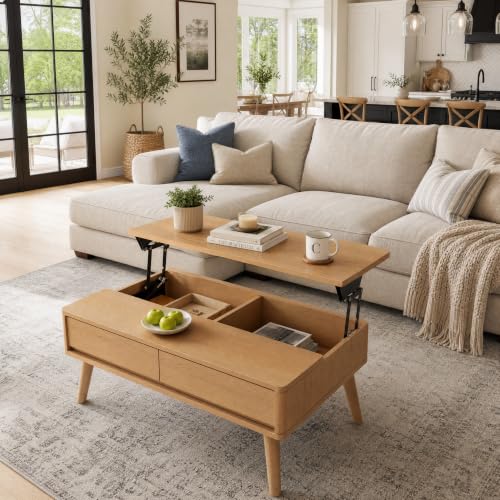 Solid Oak Wood Lift Top Coffee Table for Living Room