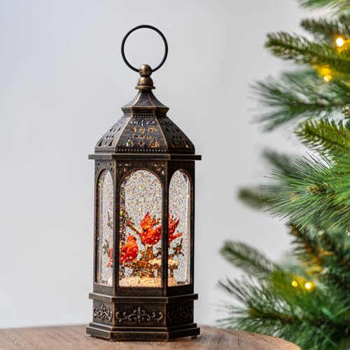 Christmas Snow Globe Lantern Water Glittering 10.5'' Cardinal with Music& Timer
