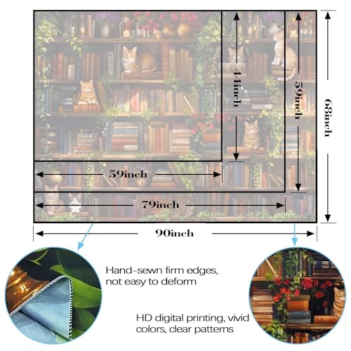 Plant Cat Bookshelf Tapestry Botanical Floral Flower Cats Book Tapestries Wall Hanging Vintage Library Small Tapestry for Bedroom Living Room Dorm 60 x 44 inch