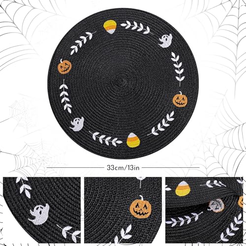 4 Pcs Round Halloween Placemats Embroidered Ghost Pumpkin Candy Corn Place Mats Black Spooky Dinner Table Mats for Halloween Holiday Trick or Treat Party Table Decor (4 Count)