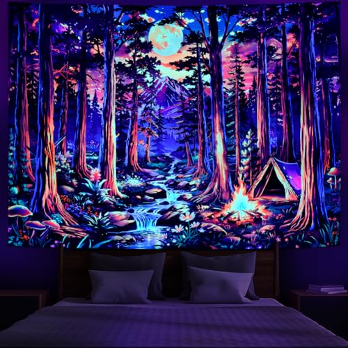 Blacklight Fantasy Forest Tapestry UV Reactive Galaxy Space Moon Tapestry Trippy Pine Trees Wall Tapestries Nature Landscape Mountain River Tapestries Wall Hanging for Bedroom
