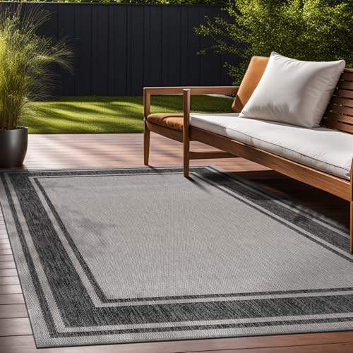 Large Outdoor Rug 9x12 Modern Bordered Area Rugs for Indoor and Outdoor Patio Deck Porch Garden Waterproof Weather Sun Resistant Washable Outside Carpet (108 Sq Ft)