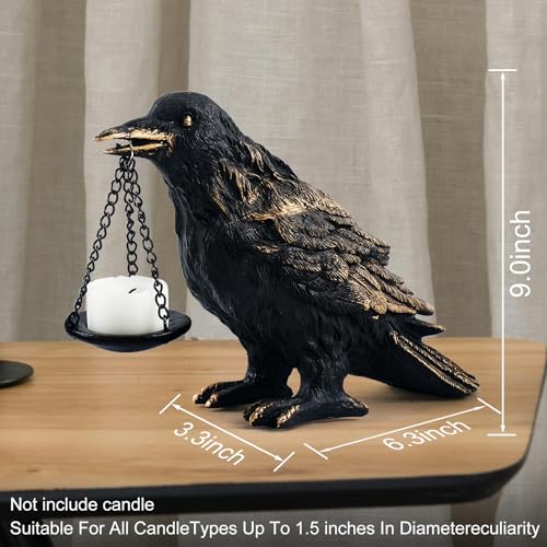 Raven Gothic Home Decor Fake Crow Light Holder Raven Lamp Tealight Candle Holder Resin Raven Statue Wearing Gold 2PCS (2 Count)