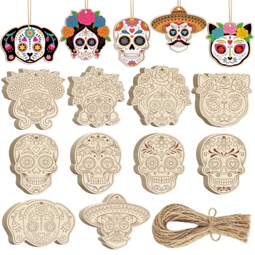 80PCS Wooden Day of The Dead Skull Ornaments to Paint Dia De Los Muertos Decorations Crafts for Kids