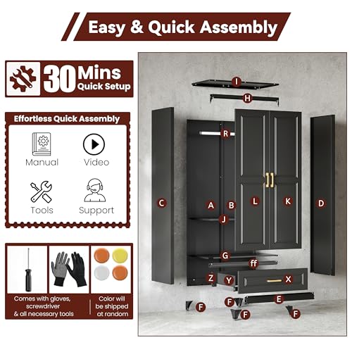 71" Tall Wardrobe Closet with Doors and Adjustable Shelves