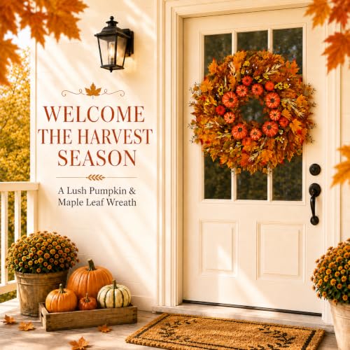 28 Inch Fall Wreath for Front Door Outside Large Artificial Autumn Wreath with Orange Red Pumpkins Maple Leaves Berries Fall Decoration for Home Farmhouse Door Wreath for Harvest Thanksgiving