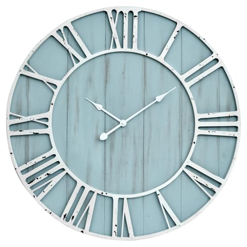 Large Farmhouse Wall Clock 30 Inch Vintage Blue Wooden Wall Clock with Quiet Ticking and Minimalist Roman Numerals for Bedroom Living Room Office Kitchen Home Decor