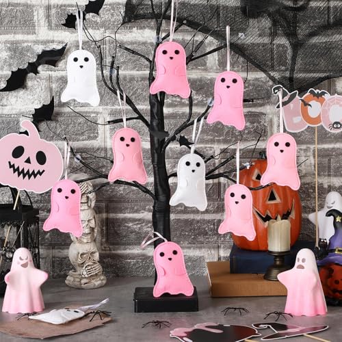 12 Pink Halloween Felt Ornaments 3D Ghost Hanging Tree Decor (12 Count)