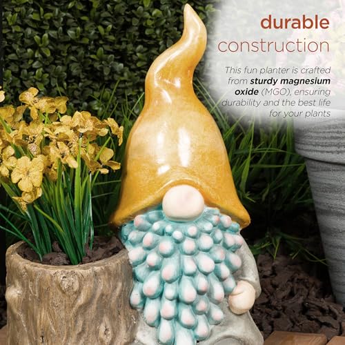 16" Tall Outdoor Yellow Hat Gnome Statue with Drainage Hole Planter