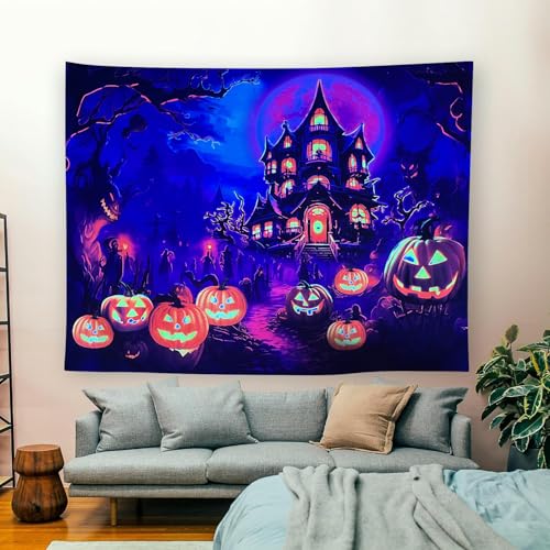 Blacklight Halloween Castle Tapestry 90"x70" Pumpkins Ghosts Background Bedroom Aesthetic Hippie Room Decor Glow in The Dark Wall Poster for Halloween Easter